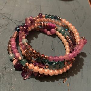 Gem bead wrap memory wire bracelet 5 loops faux beads mixed with real stones